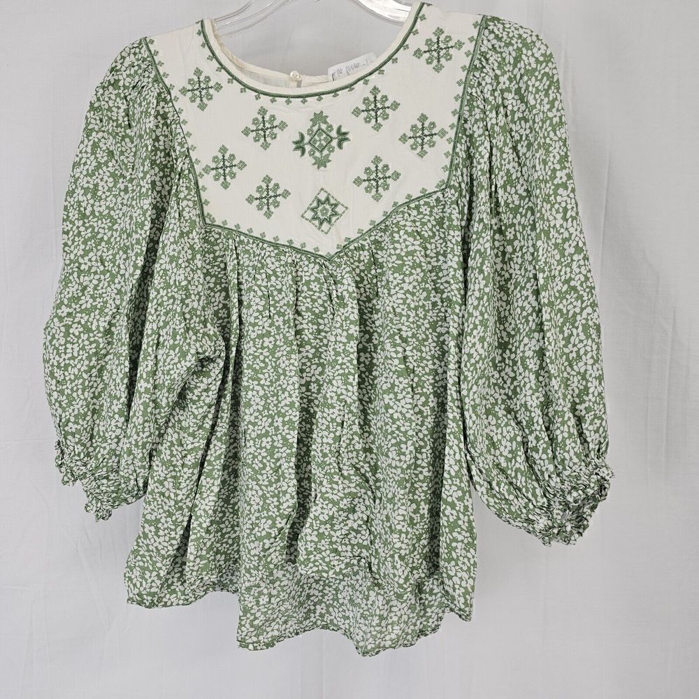In Loom Floral Blouse Shirt Green Womens Size Small Embroidered Top Peasant D108